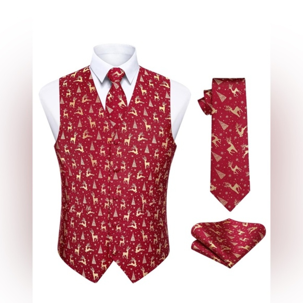 Men’s Christmas 3pc Vest, Tie and Pocket Sq Set | L | NWT | Festive Reindeer